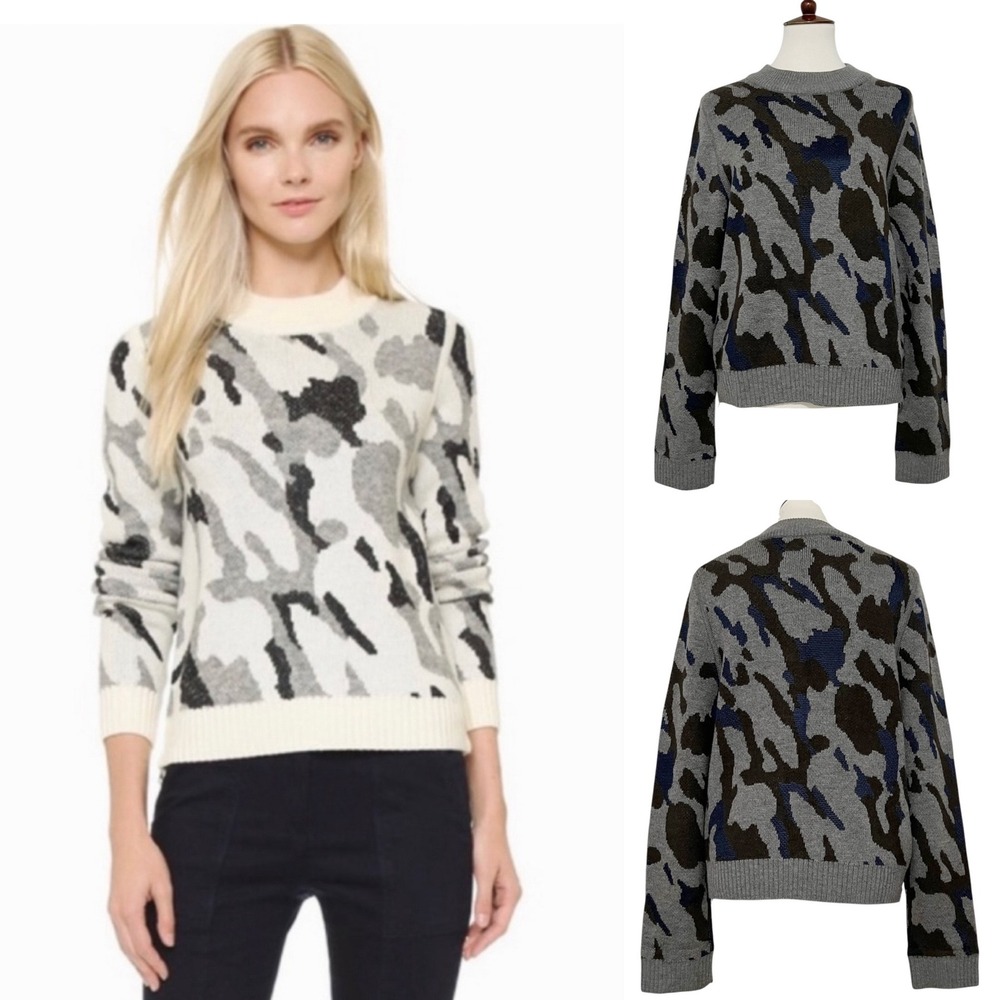 Veronica Beard Camouflage Wool Knit Sweater Side Zip Grey Black‎ Blue Women L